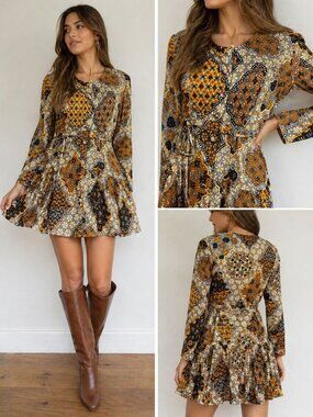 Vintage 70s Womens Boho Floral Print Dress Belted Long Sleeve Retro Mod Print Un